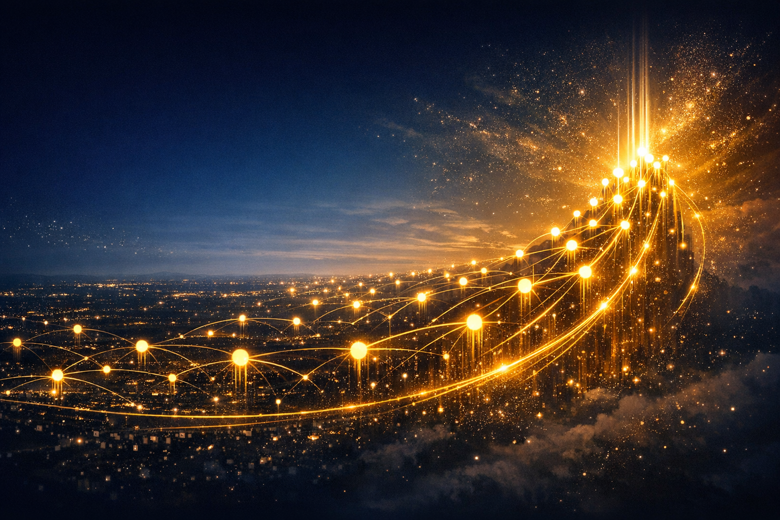 Abstract visualization of exponential growth — interconnected nodes sweeping upward in a J-curve of innovation and research